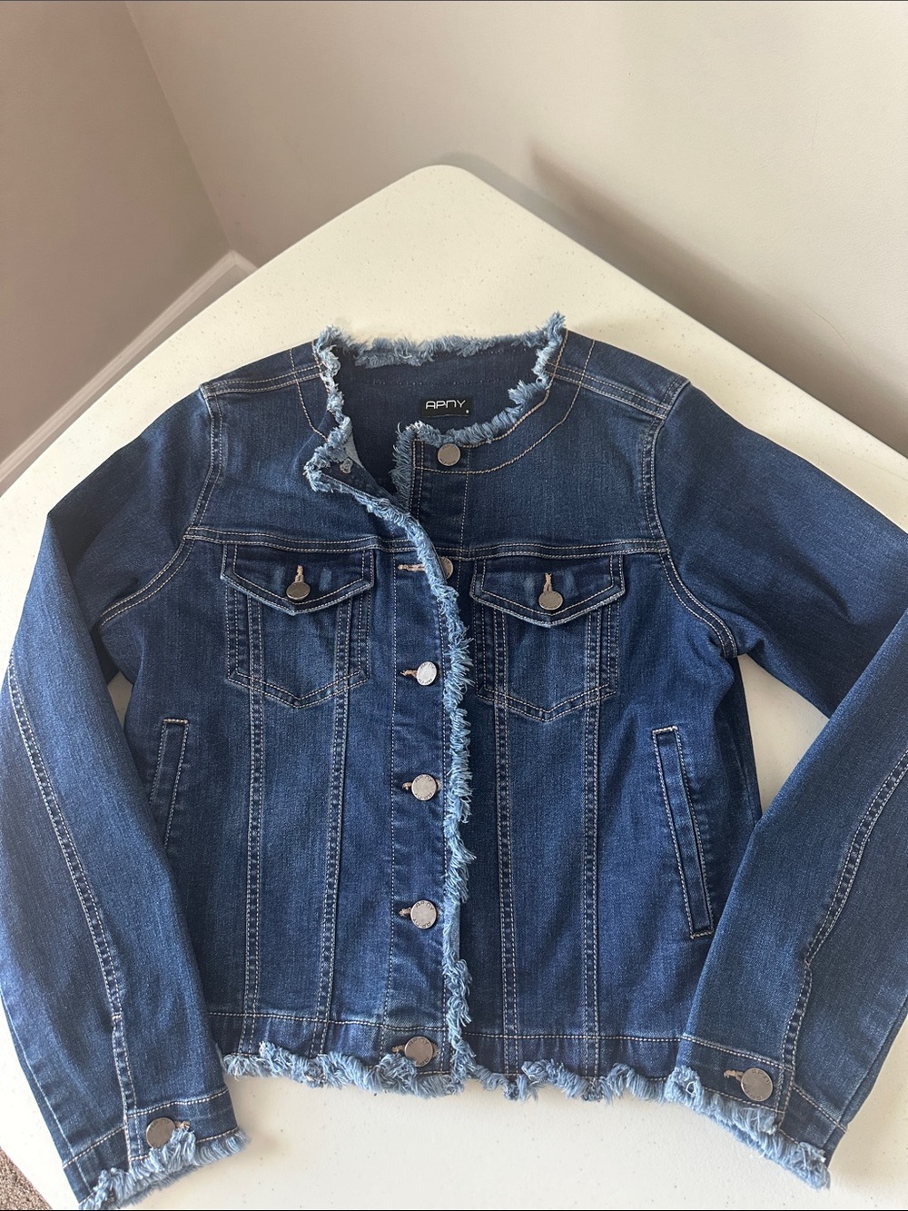 APNY Frayed Trim Dark Blue Denim Jacket